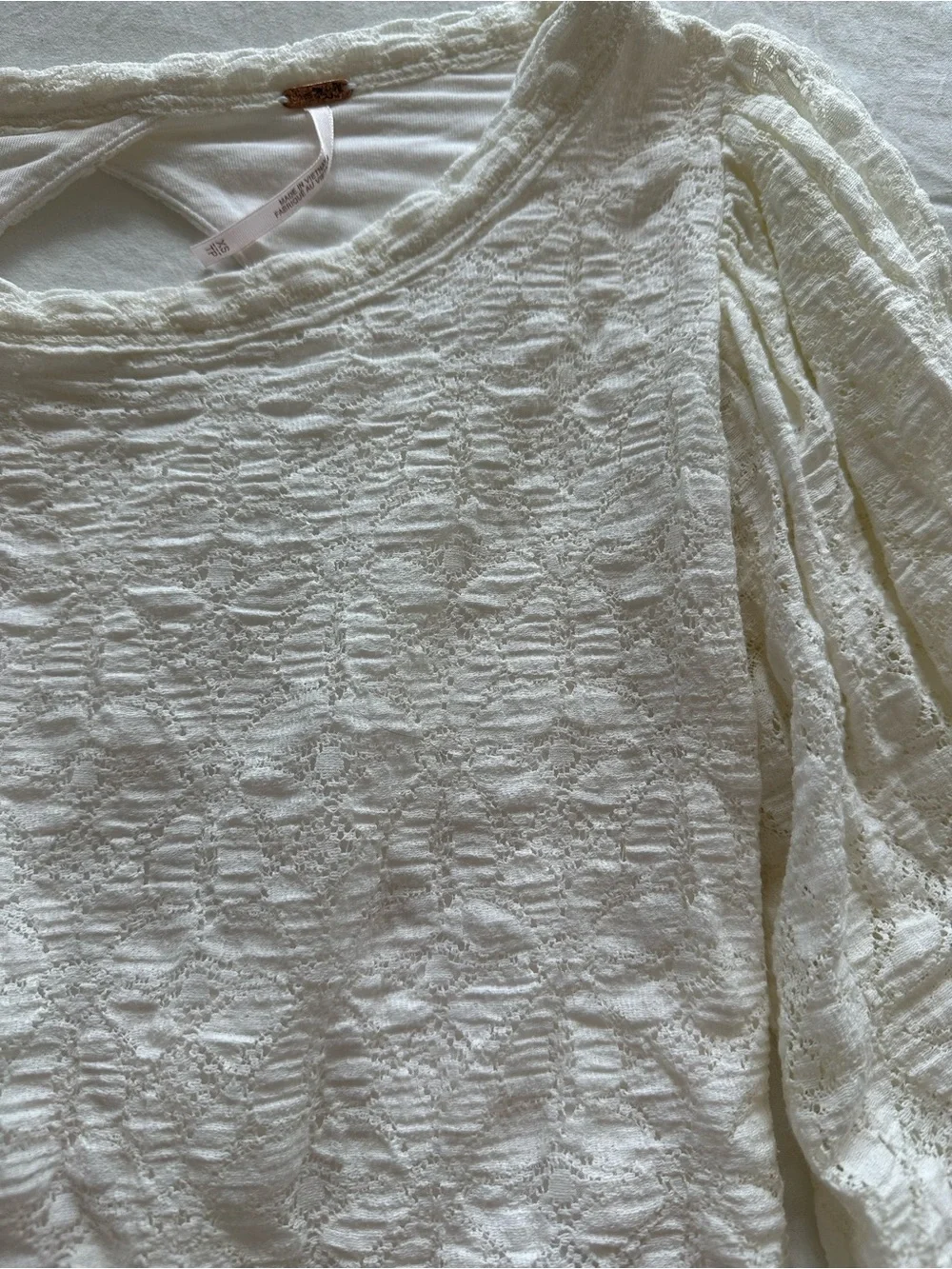 Free People Cream Textured Puff Sleeve Top